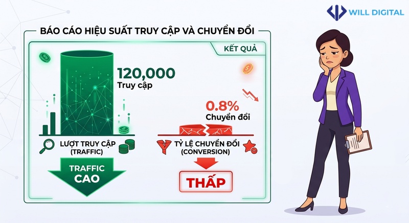 Biểu đồ so sánh traffic và chuyển đổi trong SEO không hiệu quả