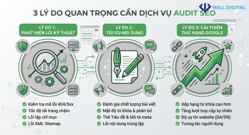 Icon vector lý do cần dịch vụ audit SEO