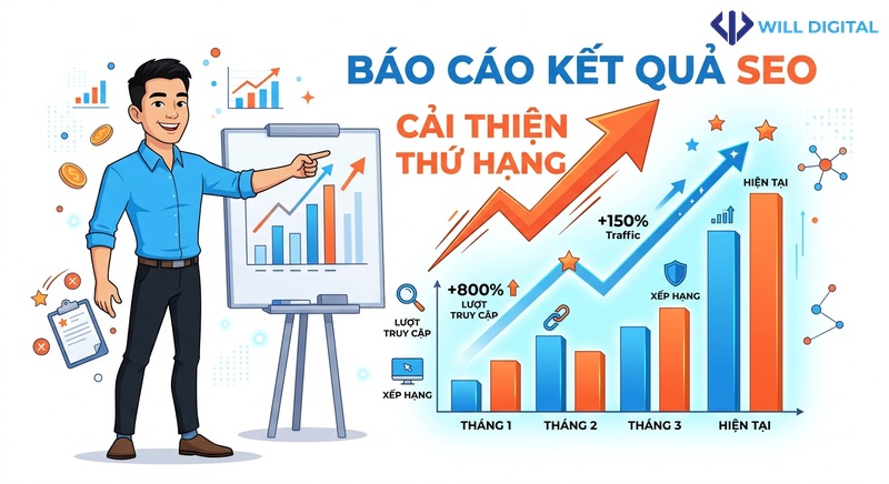 Hoạt họa nhân vật với biểu đồ cải thiện thứ hạng SEO
