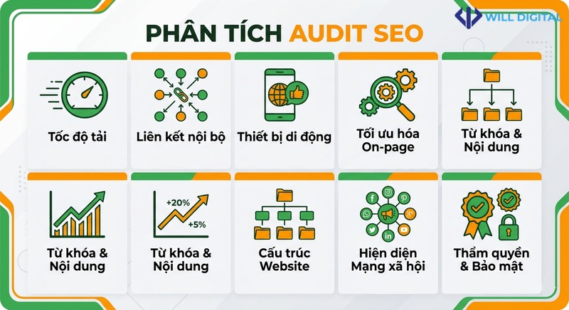 Infographic về các yếu tố cần phân tích trong audit SEO