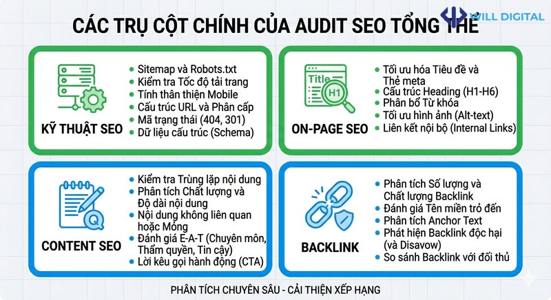 Infographic bốn trụ cột chính trong audit SEO tổng thể