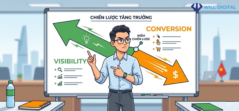 Nhân vật nam chỉ vào bảng với hai mục tiêu visibility và conversion