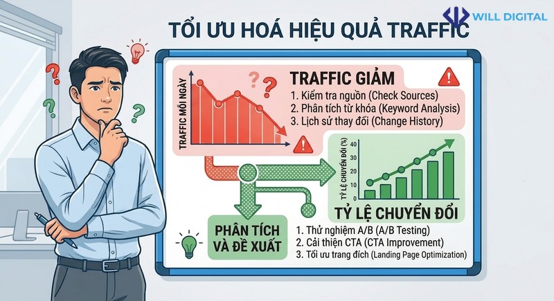 Nhân vật nam suy tư trước biểu đồ traffic giảm