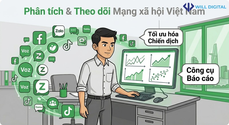 Hoạt họa nhân vật sử dụng máy tính với biểu tượng mạng xã hội AI Mention