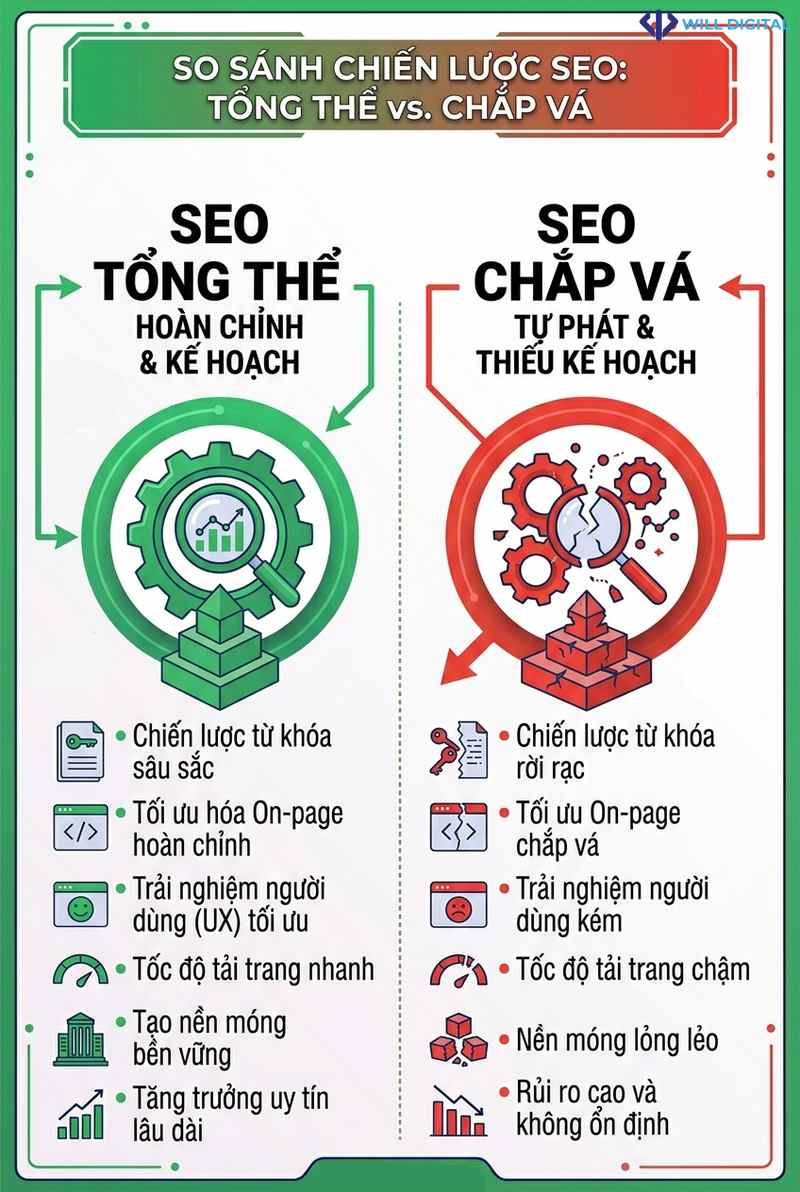 So sánh chiến lược SEO tổng thể và SEO chắp vá