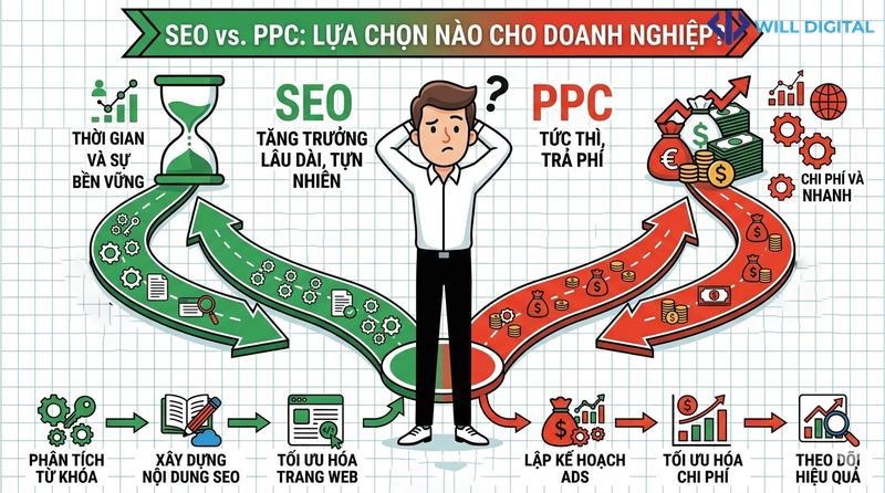 Người đàn ông đứng trước lựa chọn SEO và PPC