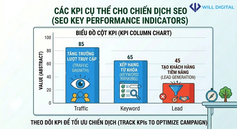 Biểu đồ KPI SEO với traffic, keyword và lead