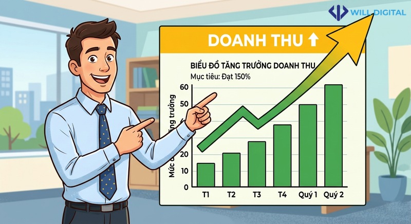 Nhân vật chỉ vào biểu đồ doanh thu tăng trưởng từ SEO