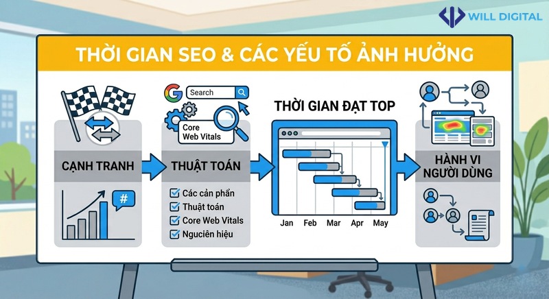 Biểu đồ luồng về các yếu tố ảnh hưởng đến thời gian SEO