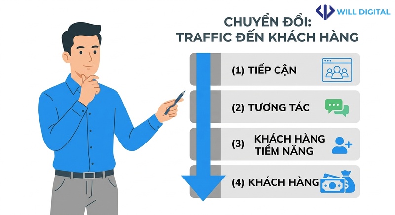 Hoạt họa quy trình chuyển đổi SEO từ traffic đến khách hàng
