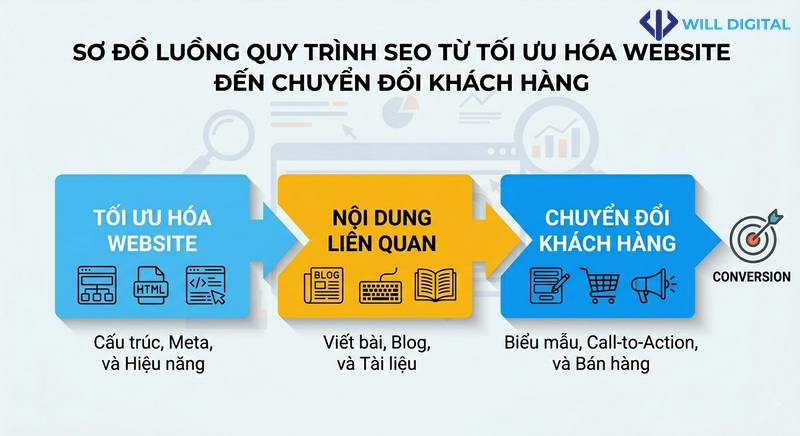 Sơ đồ luồng quy trình SEO từ tối ưu hóa đến chuyển đổi