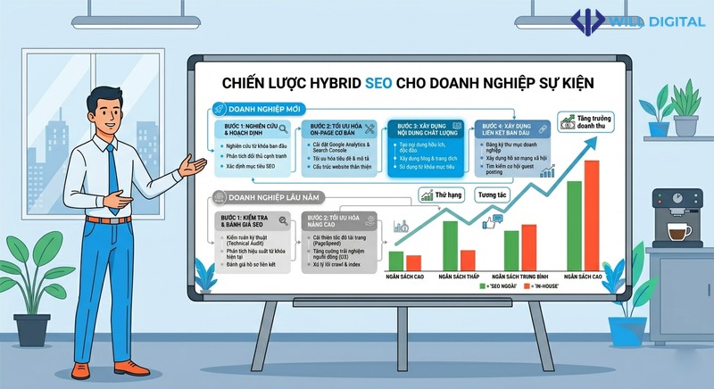 Hoạt họa mô tả công ty áp dụng hybrid SEO thành công