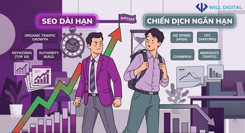 Infographic so sánh SEO dài hạn và chiến dịch ngắn hạn