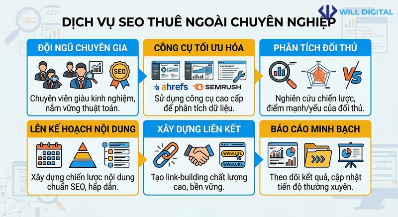 Infographic dịch vụ SEO thuê ngoài với đội ngũ chuyên gia và công cụ tối ưu