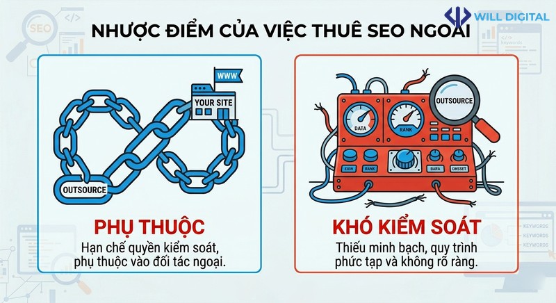 Icon nhược điểm thuê SEO ngoài như phụ thuộc và khó kiểm soát