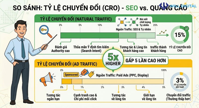 Infographic so sánh tỷ lệ chuyển đổi từ SEO và quảng cáo