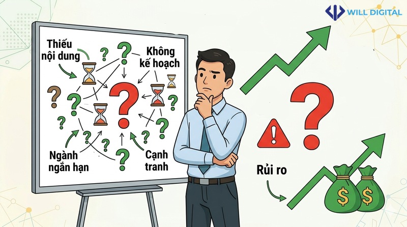 Hoạt họa doanh nhân suy nghĩ về thất bại SEO tổng thể