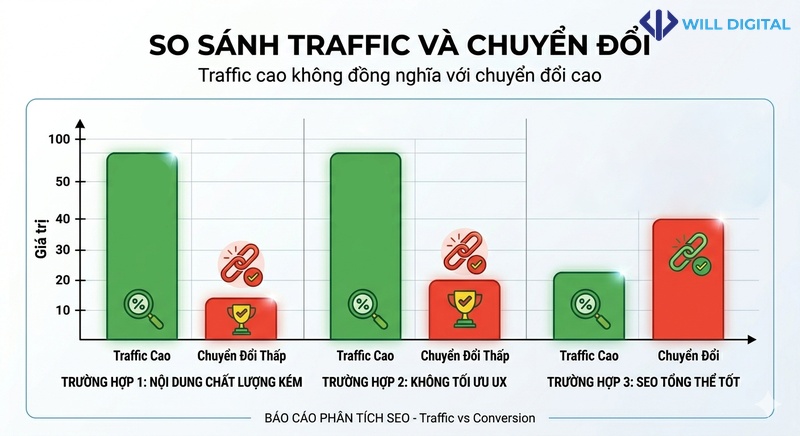 Biểu đồ so sánh traffic và tỷ lệ chuyển đổi trong SEO