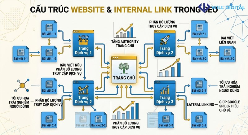 Sơ đồ mạng về vai trò của internal link trong SEO