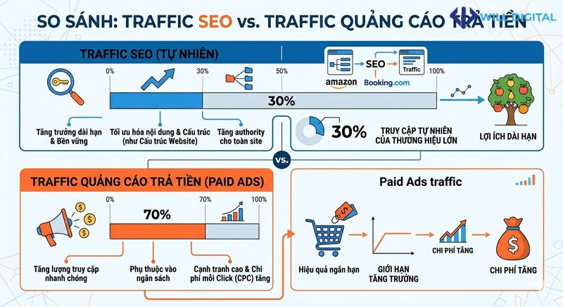 Biểu đồ so sánh traffic từ SEO và quảng cáo trả tiền