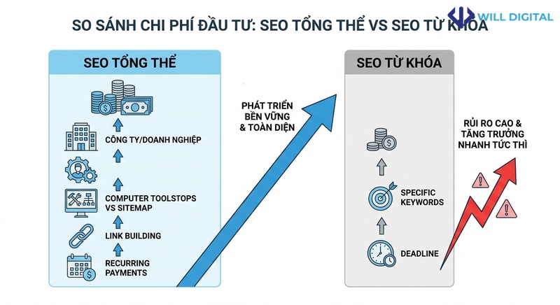 Infographic so sánh chi phí đầu tư giữa SEO tổng thể và SEO từ khóa