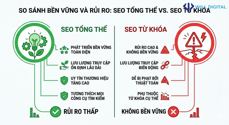 Biểu đồ so sánh độ bền và rủi ro giữa SEO tổng thể và SEO từ khóa