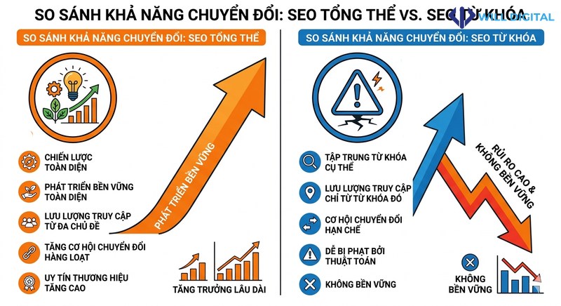 Biểu đồ so sánh độ bền và rủi ro giữa SEO tổng thể và SEO từ khóa