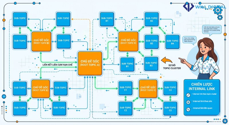 Sơ đồ chiến lược internal link theo topic cluster cho AI
