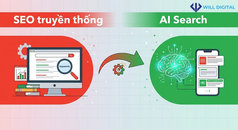 Hoạt họa 2D so sánh SEO truyền thống và tối ưu AI Search
