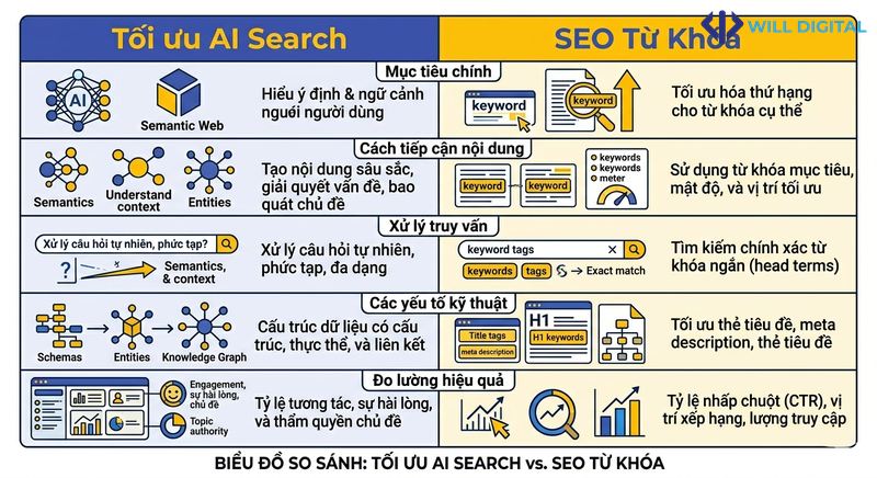 Infographic so sánh tối ưu AI Search và SEO từ khóa