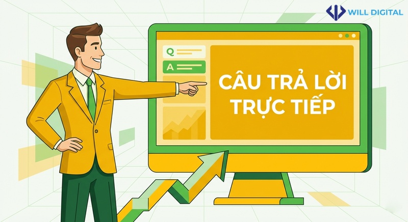Nhân vật chỉ vào màn hình hiển thị nội dung câu trả lời trực tiếp