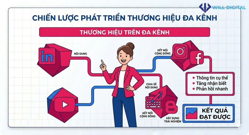 Nhân vật chỉ vào biểu tượng mạng xã hội và blog cho chiến lược thương hiệu