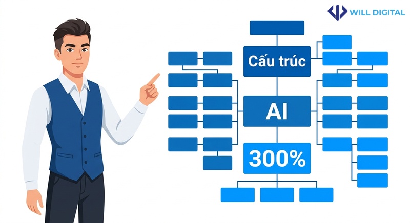 Nhân vật nam công sở chỉ vào sơ đồ cấu trúc với keywords Cấu trúc, AI, 300%