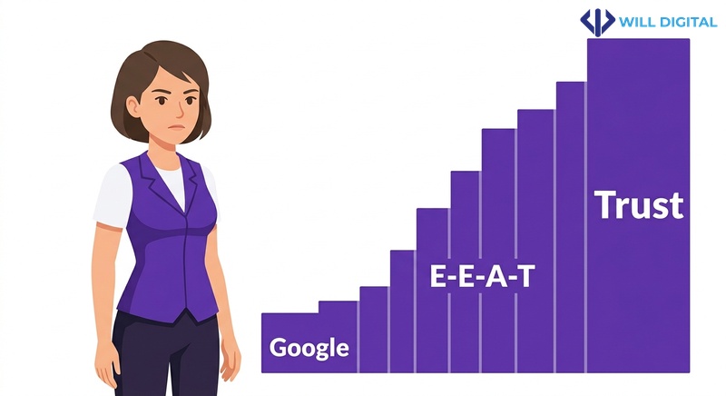 Nhân vật nữ công sở đứng cạnh biểu đồ trust với keywords Trust, E-E-A-T, Google