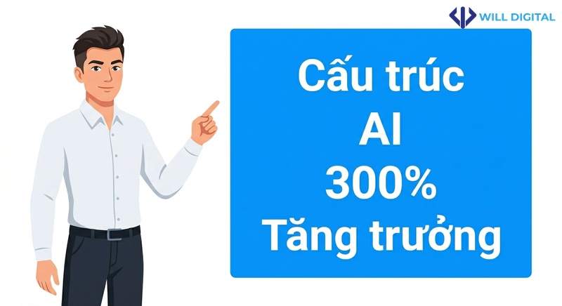 Nhân vật nam công sở chỉ tay vào bảng biểu với từ khóa Truy vấn, Mục đích, Tìm kiếm