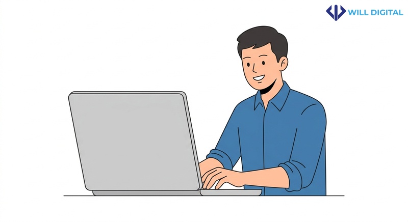 Nhân vật nam công sở gõ máy tính với từ khóa Nội dung, AI-friendly, Tối ưu
