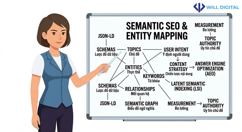 Nhân vật nữ công sở đứng cạnh bảng trắng với từ khóa Entity, Semantic SEO, Schema
