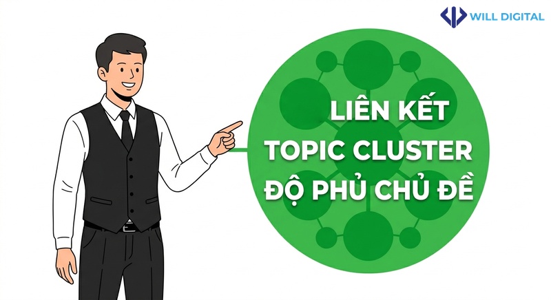 Nhân vật nam công sở chỉ vào sơ đồ liên kết với từ khóa Internal link, Topic cluster, Cấu trúc