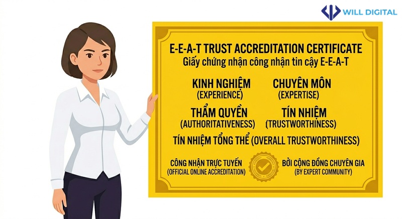 Nhân vật nữ công sở cầm chứng nhận với từ khóa Trust, E-E-A-T, Tin cậy
