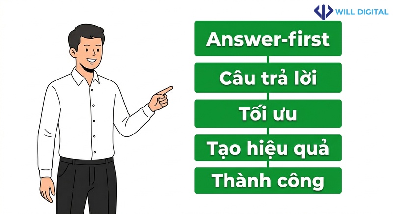 Nhân vật nam chỉ vào biểu đồ Answer-first với keywords tối ưu SEO
