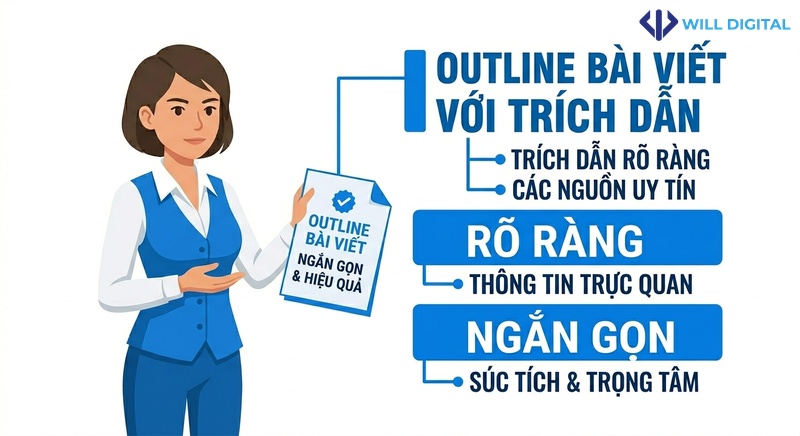 Nhân vật nữ cầm giấy với nội dung ngắn gọn dễ trích dẫn