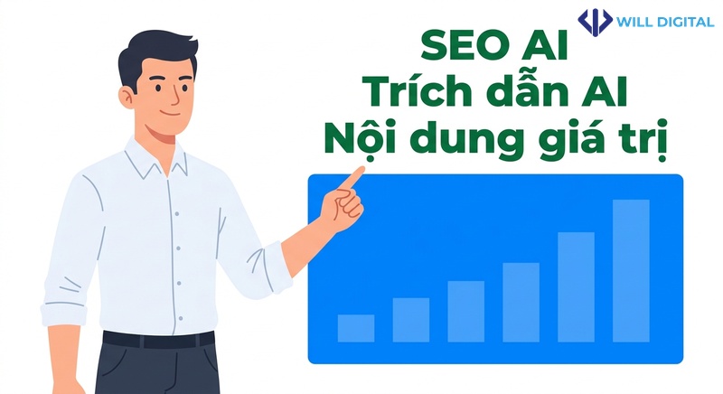 Nhân vật nam công sở chỉ vào biểu đồ SEO AI và trích dẫn AI