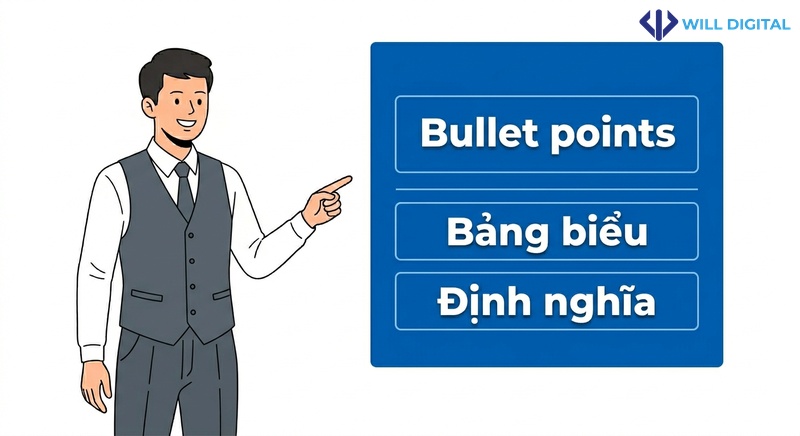 Nhân vật nam chỉ vào bảng biểu với bullet points và định nghĩa rõ ràng