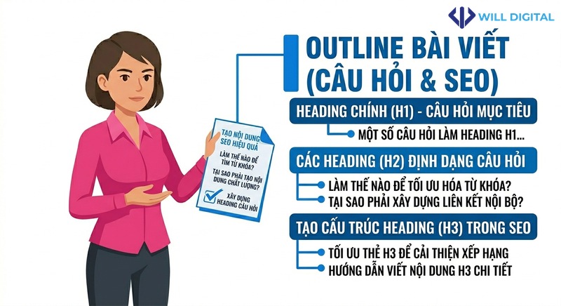 Nhân vật nữ cầm bảng với heading dạng câu hỏi tối ưu SEO