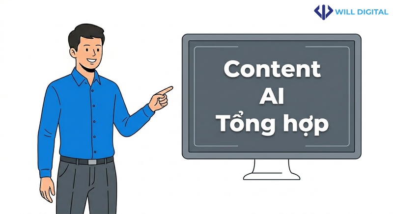 Nhân vật nam chỉ vào màn hình máy tính với content đơn giản cho AI