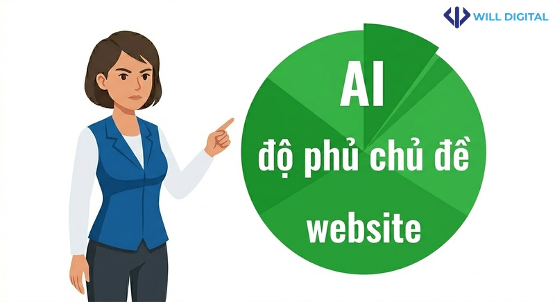 Nhân vật nữ chỉ vào biểu đồ với từ khóa AI, độ phủ chủ đề, website