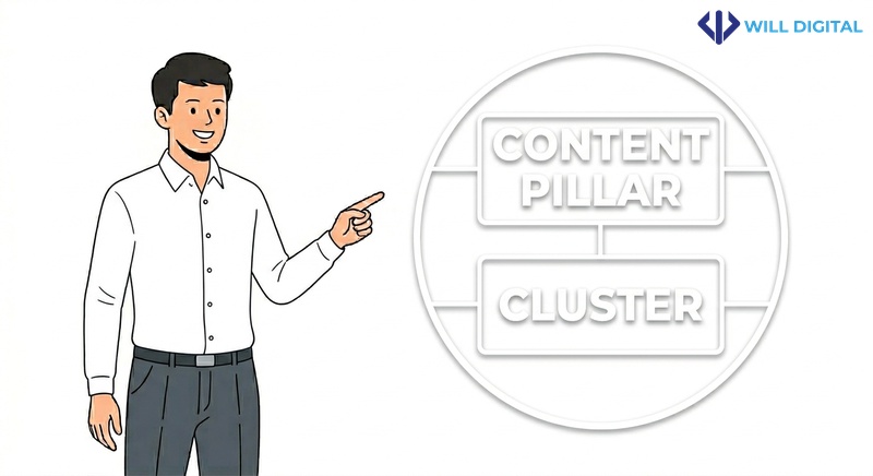 Nhân vật nam trình bày về content pillar và content cluster trong SEO