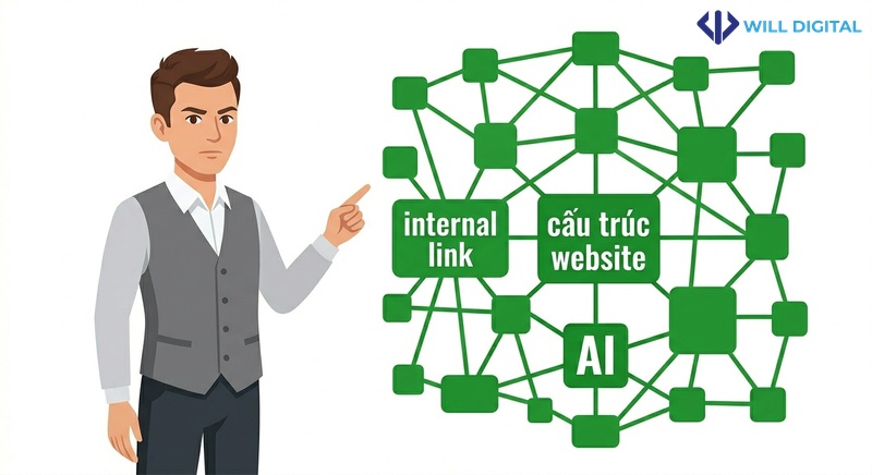 Nhân vật nữ chỉ vào sơ đồ liên kết với từ khóa internal link, cấu trúc website, AI