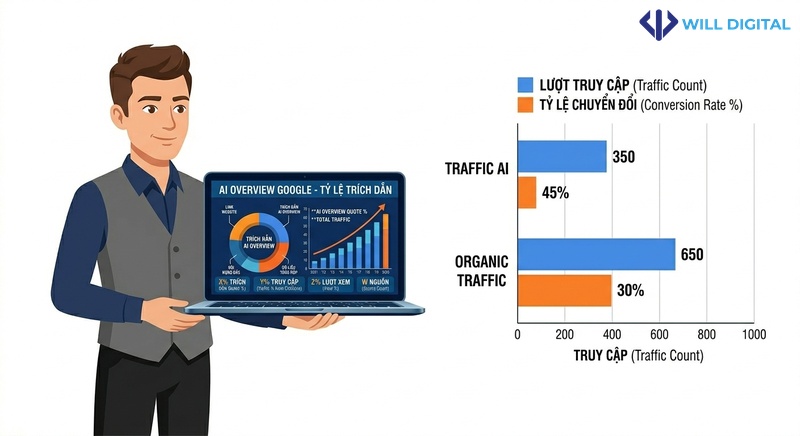 Nhân vật nữ cầm biểu đồ so sánh traffic AI và organic