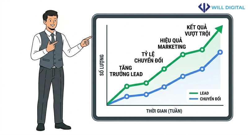 Nhân vật nam chỉ tay vào biểu đồ tăng trưởng lead và chuyển đổi